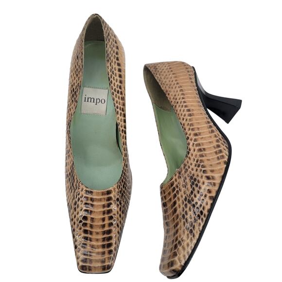 Impo Size 6.5 Snakeskin Embossed Heels Leather Square Toe Slip On Shoe Tan Black - Picture 1 of 8